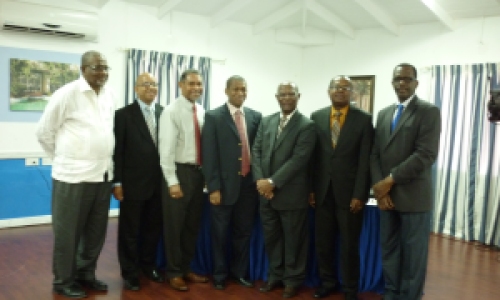 (L-R) Dr. Trotz, Deputy Director, CCCCC; Sylvester Clauzel, Permanent Secretary in the Ministry of Sustainable Development, Energy, Science and Technology, Saint Lucia;  Keith Nichols, Project Development Specialist, CCCCC; Dr. Bynoe, Sr. Environmental  & Resource Economist, CCCCC;  Dr. Fletcher, Minister of the Public Service, Sustainable Development, Energy, Science and Technology, Saint Lucia; and Deputy Prime Minister of Saint Lucia Philip J. Pierre  