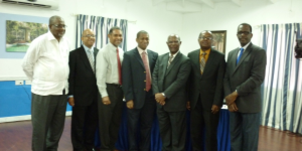 (L-R) Dr. Trotz, Deputy Director, CCCCC; Sylvester Clauzel, Permanent Secretary in the Ministry of Sustainable Development, Energy, Science and Technology, Saint Lucia;  Keith Nichols, Project Development Specialist, CCCCC; Dr. Bynoe, Sr. Environmental  & Resource Economist, CCCCC;  Dr. Fletcher, Minister of the Public Service, Sustainable Development, Energy, Science and Technology, Saint Lucia; and Deputy Prime Minister of Saint Lucia Philip J. Pierre  